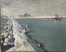 Leonid Berman Murazzi Venice Painting 1949 Fishermen MCM Impressionist 32X40