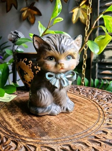 Vintage Leftons Kitten Coin Bank, Gray Tabby Kitty Cat w/ blue eyes, 1950s, MCM