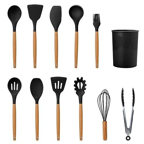 11Pcs Silicone Cooking Utensil Heat Resist Wooden Handle Silicone Kitchenware