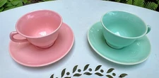 Vintage LuRay Pastels Set Of Two (2) GREEN & PINK Cups and Saucers