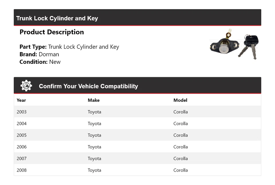 Cilindro y llave de bloqueo de maletero para Toyota Corolla Dorman 2003-2008 2004 2005 2006 Foto 2 de 4