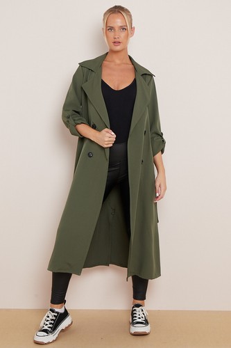 New Women Khaki Longline Double Breast Lightweight Trench Coat & Belt. UK 8-12 - Picture 6 of 17