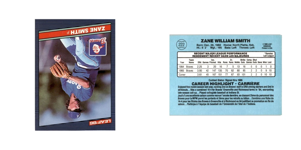 Zane Smith 1986 Leaf #222 Atlanta Braves Baseball Card NM - Image 3 of 3
