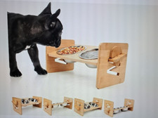 Elevated Dog Bowls, Adjustable Raised Tilted Bowls, Bamboo, Ceramic white bowls