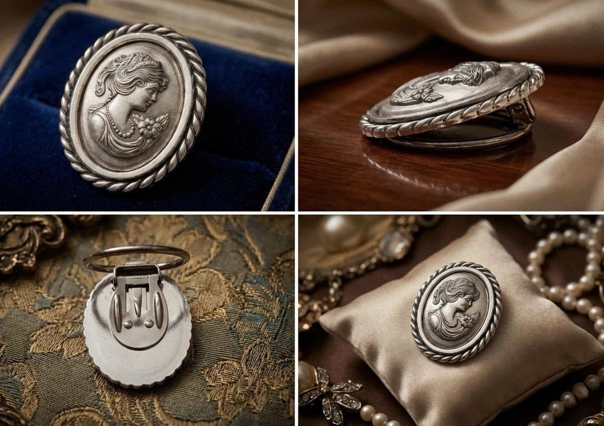 Vintage Kamee Brosche Anhänger Viktorianisch Edel Silber Metall Grau Stein