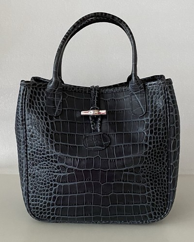 Longchamp Roseau Tasche Leder in Kroko-Optik, Farbe: Grau-Blau