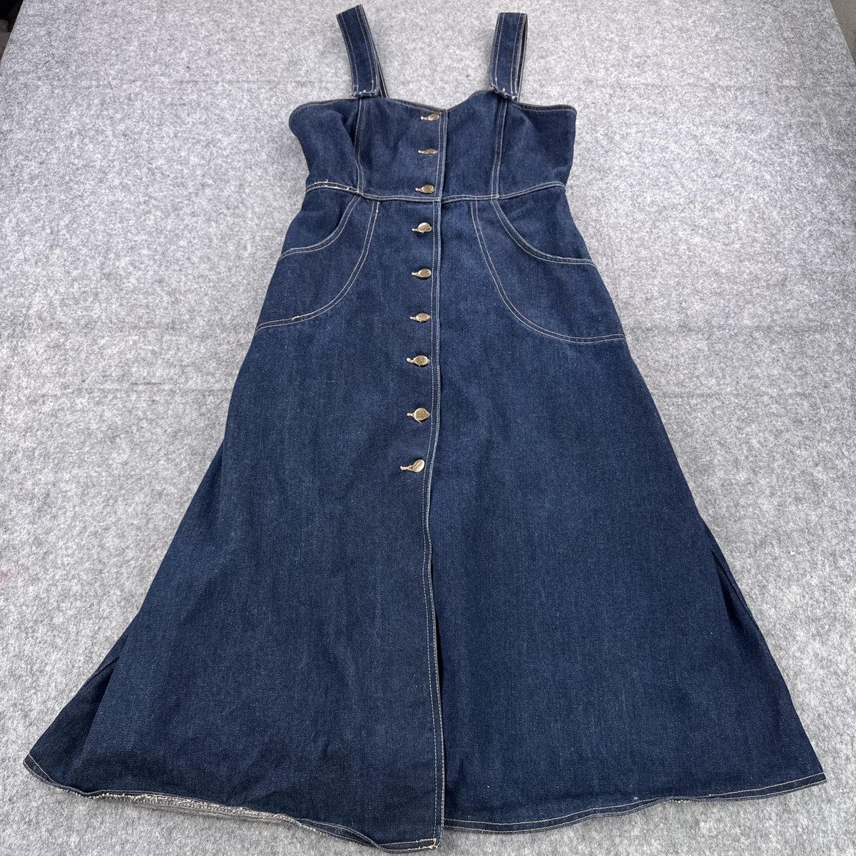 Vintage Kumar Bros Dress Womens 11/12 Blue Denim Button Front Pinafore Midi  90s