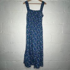 Loft Women's Blue Floral Shirred Flounce Maxi Dress Cotton Modal Size Small