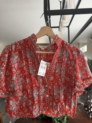 Max Studio Red White Floral Button Blouse Ruffle Short Sleeve Size M