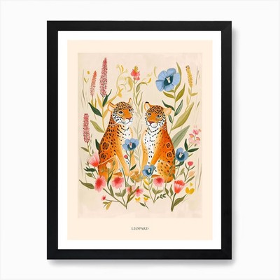 Folksy Floral Animal Drawing Leopar Framed Wall Art Poster Canvas Print Picture