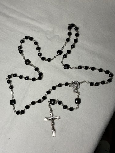 VTG Italian Rosary Pope John XXIII Black Square Beads 19” Catholic Italy 0.88oz