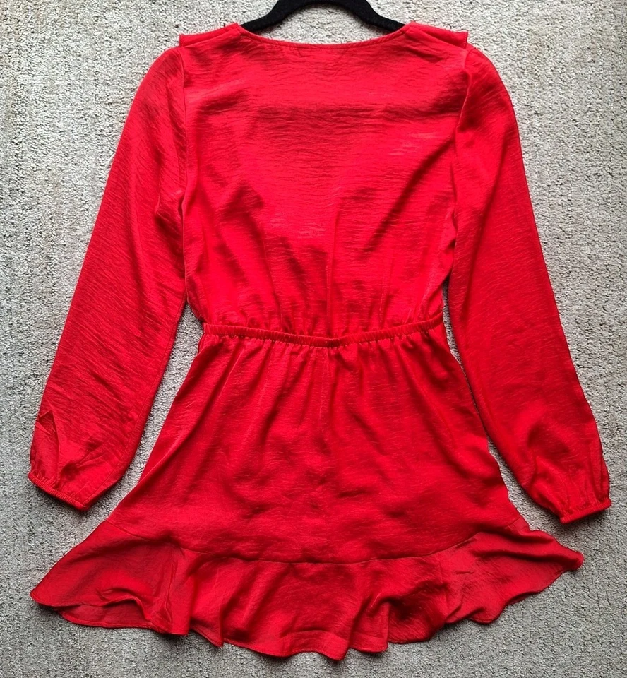 Express Red Ruffle Faux Wrap Mini Dress Long Sleeves Stretch Waist Petite Small - Image 2 of 4