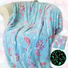 Mermaid Narwhal Throw Blanket Glow in The Dark, Cozy, Soft, Warm, Fleece Teal