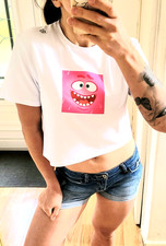Bona Basics Digital Print Smile Pink Face White Crop Top Oversize M 100% Cotton