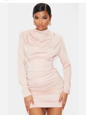 Pretty Little Thing Long Sleeve Shirred Waist Frill Dress Nude NWT Size 2