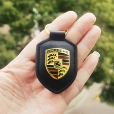 NEW GENUINE PORSCHE LEATHER CREST KEY RING FOB CHAIN BLACK FAST SHIP NO BOX
