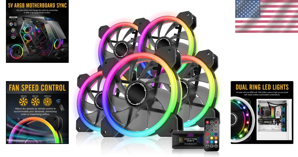 RGB Dual Ring 120mm Case Fans, Speed Adjustable - 5 Pack - Image 2 of 4