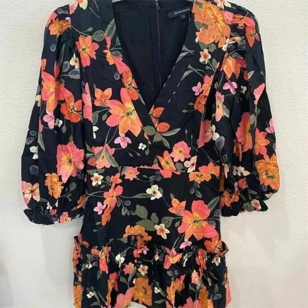 Olivaceous Black Floral Ruffle Mini Dress V-Neck Long Sleeve Women's Size S
