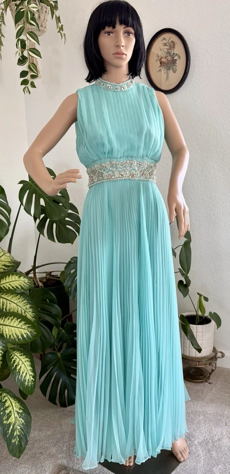 Maxi Vestido de Azafata Funda Vintage Años 60 Griego de Gasa Cóctel Talla Pequeña Foto 2 de 4