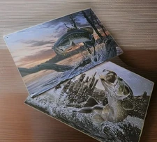 2pc AL AGNEW ART Metal Man Cave PLATE STRIKE ART "BREAKING FISH" 9" X 13"