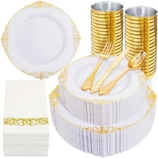 350PCS Gold Plastic Dinnerware - White and Gold Disposable Plates for 50 Gues...