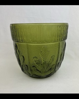 1975 Embossed OAK LEAF Avocado Green Glass Planter Vase Textured FTD Vintage