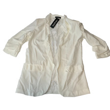 Boohoo Blazer Women Size 12 Ivory Ruched Sleeve Lined Open Front Padded Shoulder