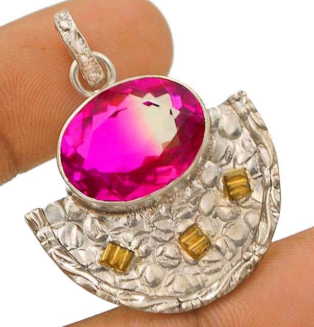 12CT Natural Bi Color Tourmaline Quartz 925 Sterling Silver Pendant