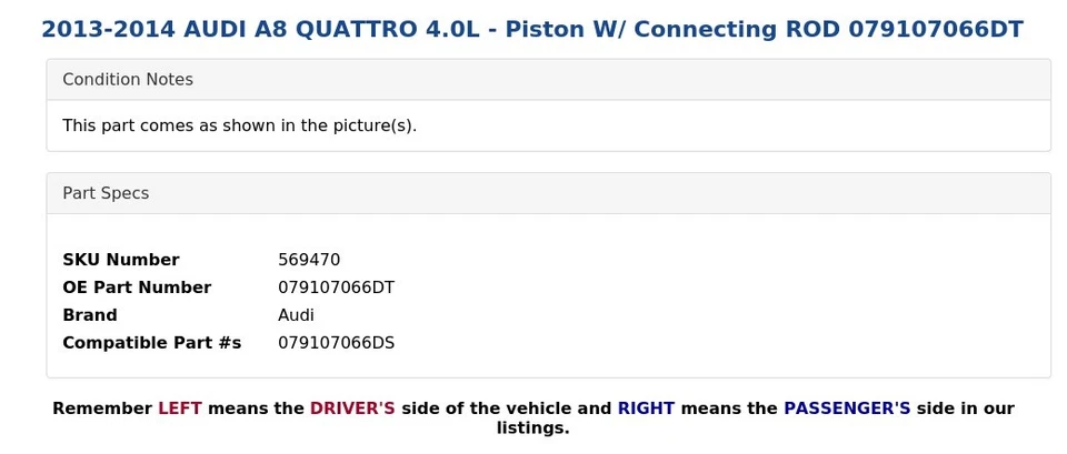 AUDI A8 QUATTRO 2013-2014 4,0 L - pistón con varilla de conexión 079107066dt Foto 3 de 4