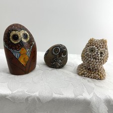 Vintage Owl Figurine Set Brown Excellent Hand Painted Stone Seashell Folk Art MC