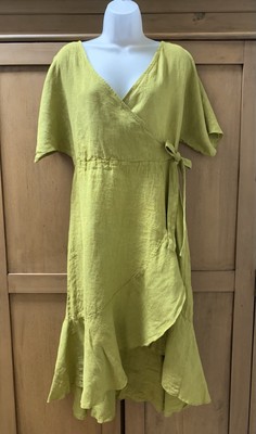 Vanessa Zani Midi Dress Sz S 100% Linen Italy Boho Flowy Lagenlook Olive Green