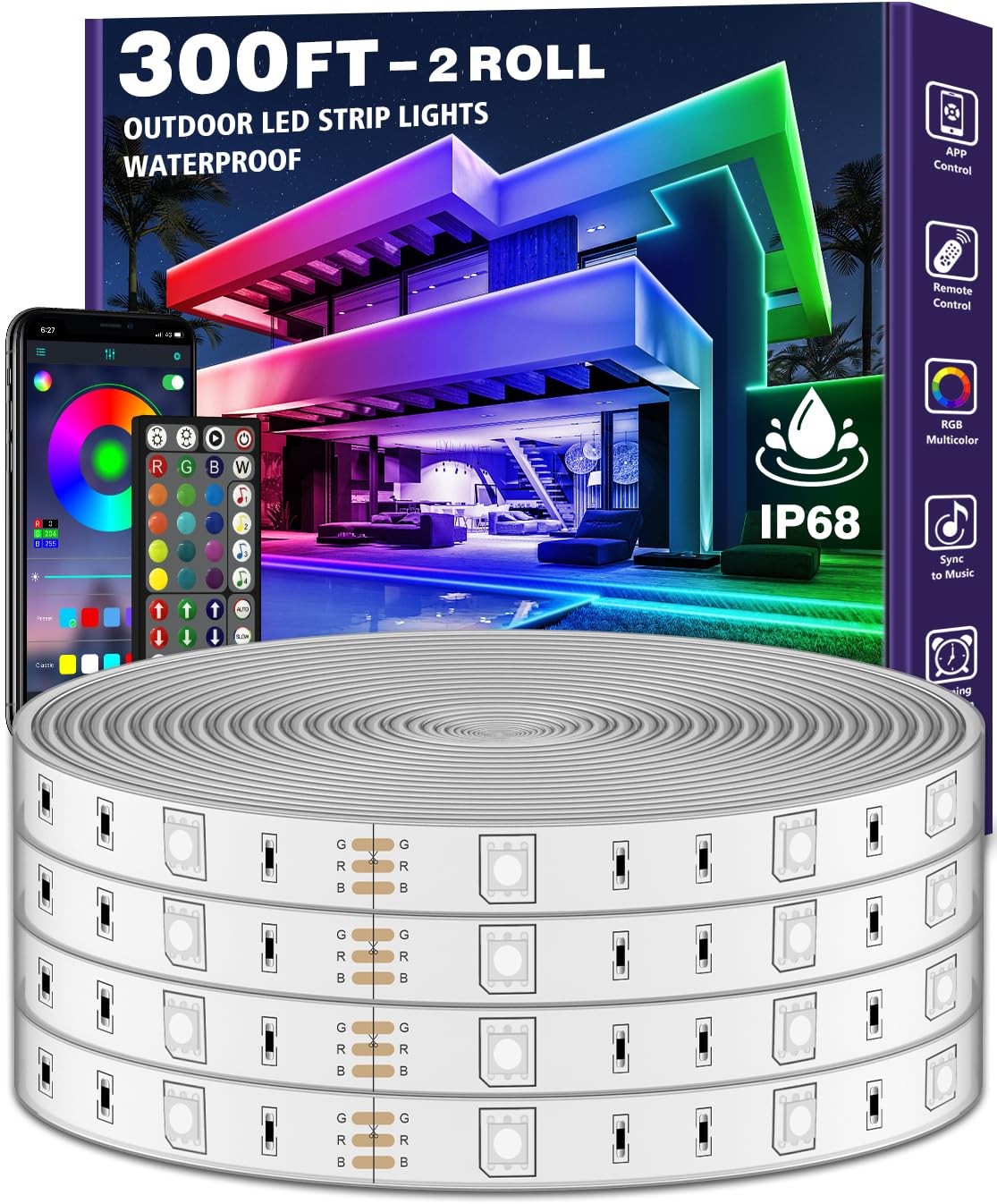 300ft Waterproof LED Strip Lights with Bluetooth App, RGB Exterior Rope Lights