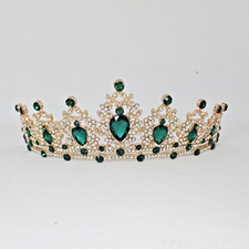 Green Crystal Gold Tiara Rhinestone Princess Crown Pageant Wedding Headpiece NEW