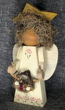 Handmade Wooden Angel Figurine Floral Painted Folk Art Rustic Primitive Decor