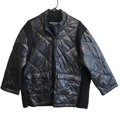 Elliott Lauren Womens Jacket Black Quilted Mock Neck Nylon Buttons Silk Blend XL