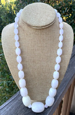 White Acrylic Swirl Vintage Necklace Chunky Oblong Beads Graduated 26.5" L Mod