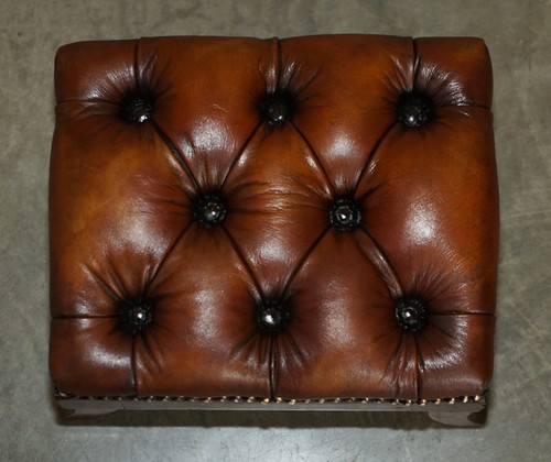 FULLY RESTORED WINGBACK ARMCHAIR CHESTERFIELD FOOTSTOOL HAND DYED BROWN LEATHER - Picture 4 of 12