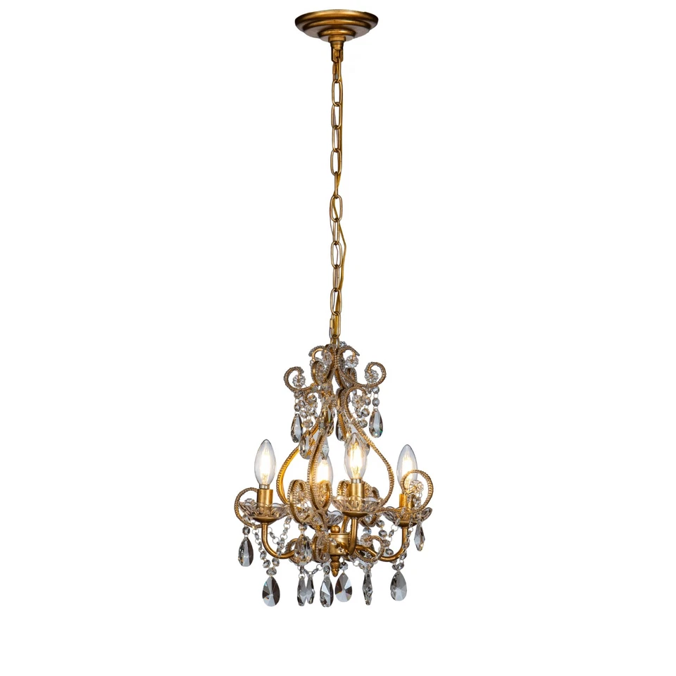 4-Lights 13" Small French Crystal Chandelier in Antique Gold - Image 2 of 4