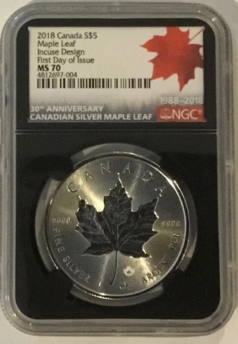 2018 Canada Silver Maple Leaf Coin Incuse Design 30th Anniversary FDOI NGC MS70!