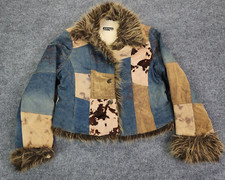 Xoxo Y2k 90s Blue Western Grunge Faux Fur Rodeo Patchwork Denim Jacket Women Xl