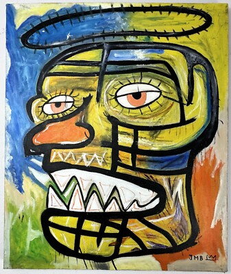 Jean-Michel Basquiat (Handmade) Oil On Canvas Signed & Stamped Painting,Vtg Art