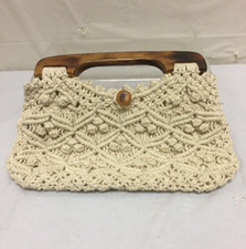 Vintage Hand Made White Knit Purse w/ Wooden Handle Retro Grandma Hipster Style
