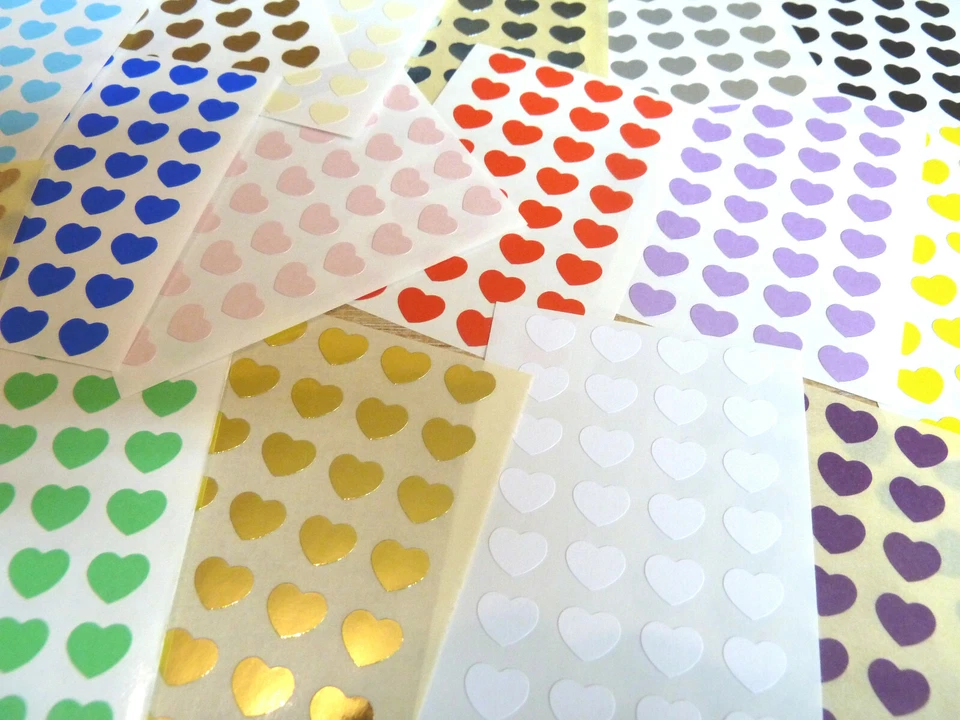 96 Small 10x8mm Heart Stickers, Self-Adhesive Coloured Hearts, Labels for Craft
