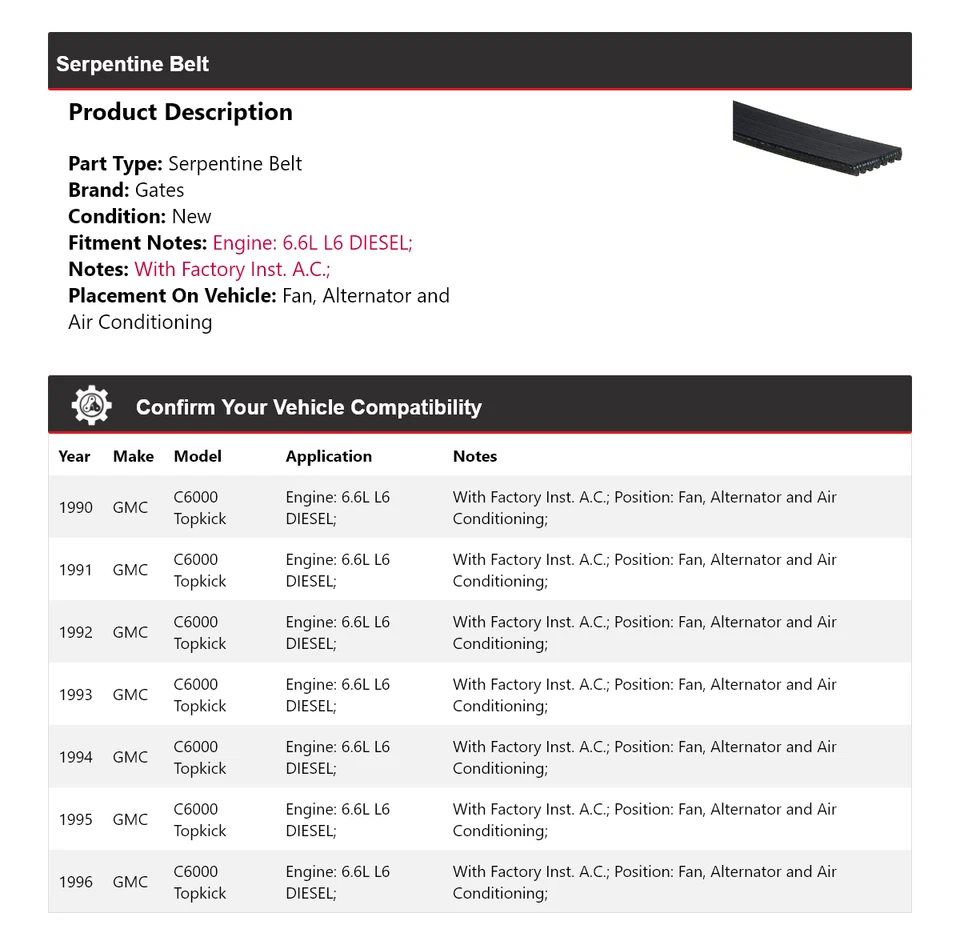 Para GMC C6000 1990-1996 Topkick Serpentine Belt Gates 1991 1992 1993 1994 1995 Foto 2 de 4
