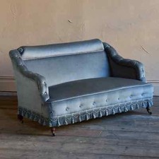 Antique Bedroom Sofa - Blue Velvet Upholstery with Tassel Trim & Buttoned Arms