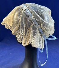 Victorian Cream Bobbin Lace Ruffle Blue Ribbon Drawstring Boudoir Bed Cap Hat