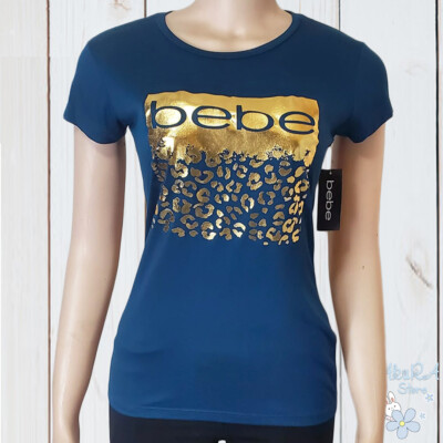 NWT BEBE AUTHENTIC WOMEN'S NAVY GOLD CREW NECK SHORT SLEEVE T-SHIRT SIZE M L