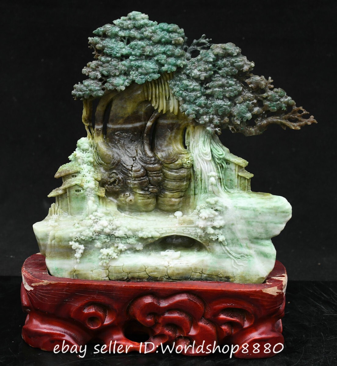 Old Chinese Natural Green Dushan Jade Carving Tree House Sculpture