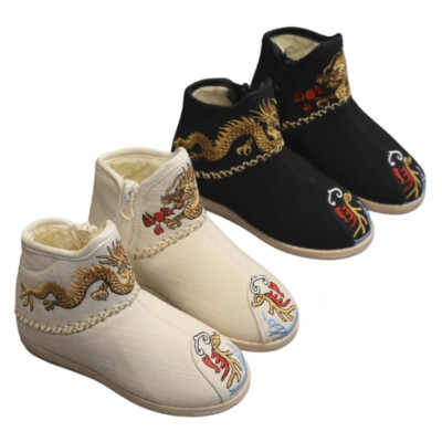 Toddler Boys Shoes Chinese Dragon Embroidery Cotton Boots Furry Lined