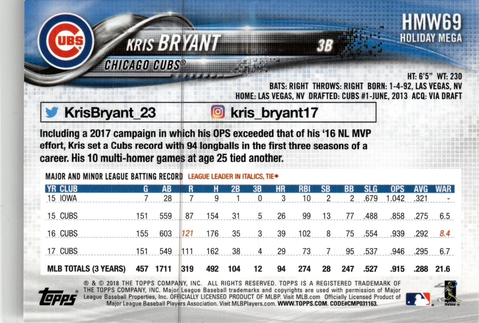 2018 Topps Holiday #HMW69 Kris Bryant - Image 2 of 2